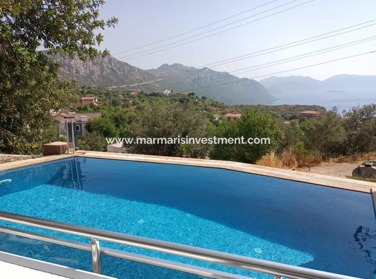 Villa For Sale In Marmaris Söğüt Village, With Magnificent Sea View, Swimming Pool, Parking, 3 Rooms, 1 Living Room, Garden, 200M2 Usage Area